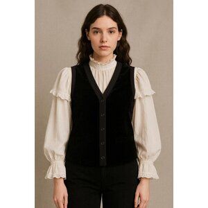 Tristan Womens Sz L Black Velvet Vest Waistcoat Button-Front Relax Fit Y2K